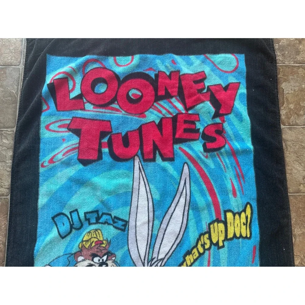 Vintage Looney Tunes Beach Towel Bugs Bunny DJ Taz Hip Hop Rapper 90s Black Blue